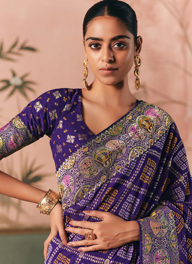 Purple Khaddi Georgette Bandhej Weaving Work Wedding Saree