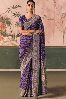 Purple Khaddi Georgette Bandhej Weaving Work Wedding Saree