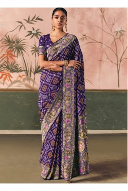 Purple Khaddi Georgette Bandhej Weaving Work Wedding Saree