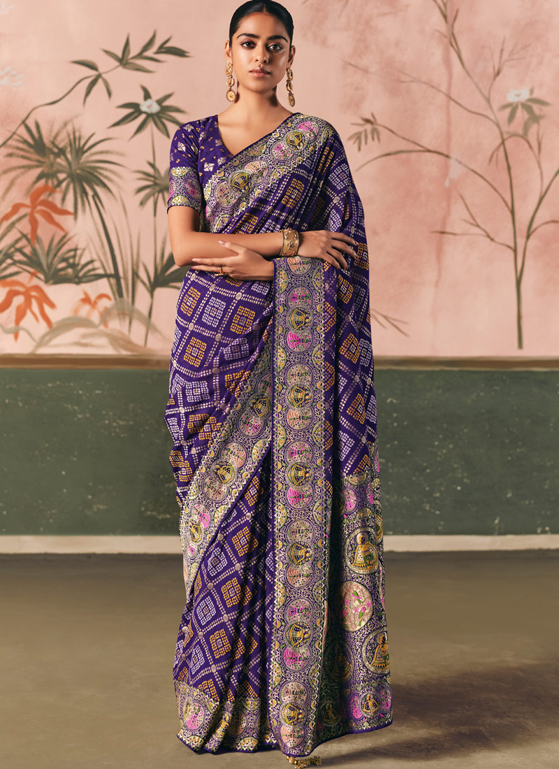Purple Khaddi Georgette Bandhej Weaving Work Wedding Saree