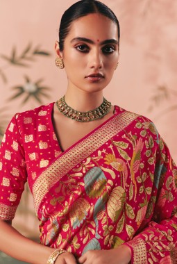 Red Khaddi Georgette Bandhej Weaving Work Wedding Saree