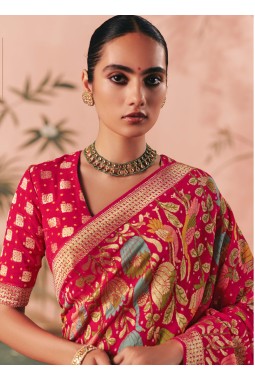 Red Khaddi Georgette Bandhej Weaving Work Wedding Saree