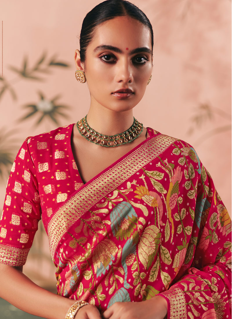 Red Khaddi Georgette Bandhej Weaving Work Wedding Saree