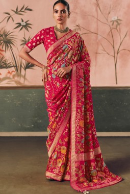 Red Khaddi Georgette Bandhej Weaving Work Wedding Saree