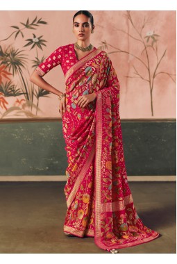 Red Khaddi Georgette Bandhej Weaving Work Wedding Saree