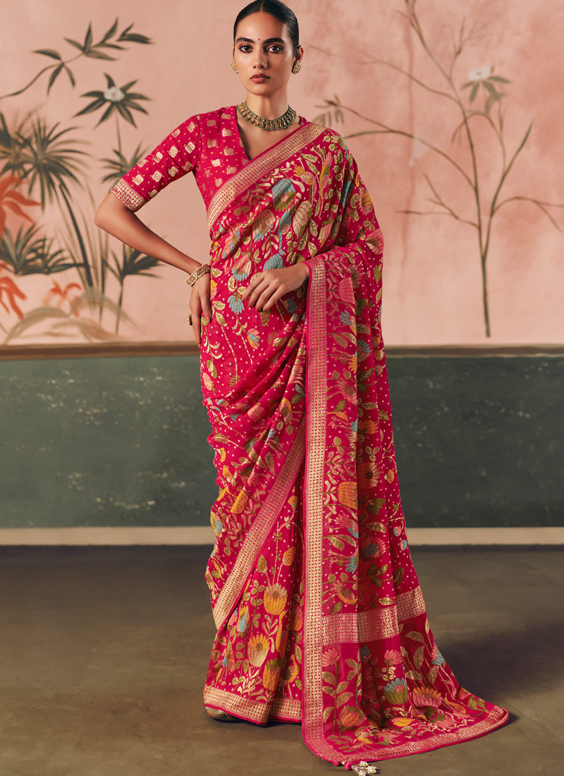Red Khaddi Georgette Bandhej Weaving Work Wedding Saree