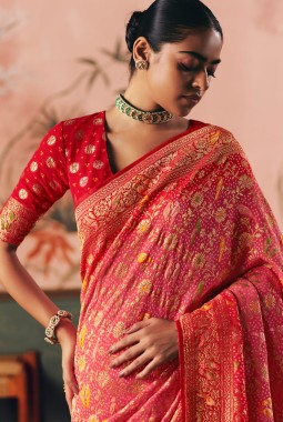 Orange Khaddi Georgette Bandhej Weaving Work Wedding Saree