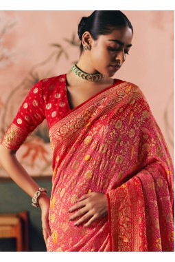 Orange Khaddi Georgette Bandhej Weaving Work Wedding Saree