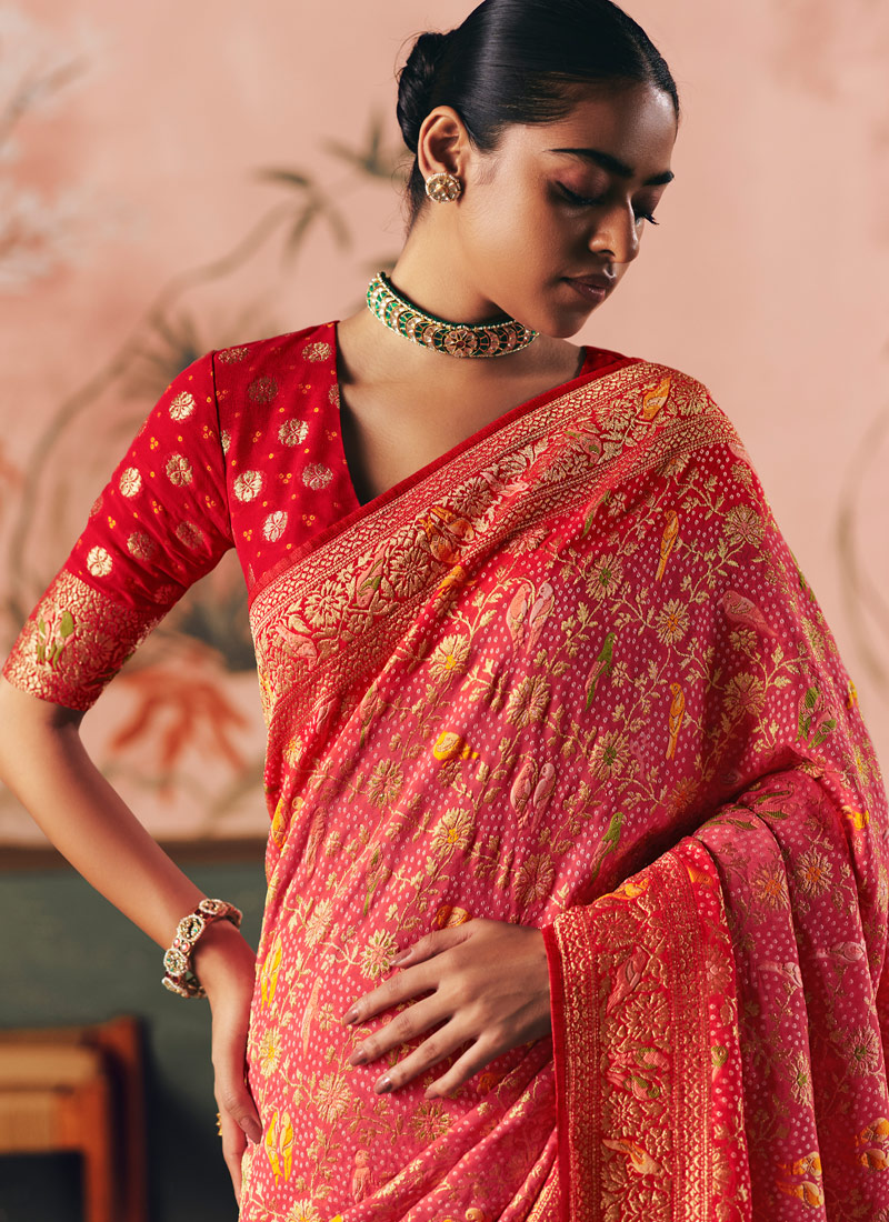 Orange Khaddi Georgette Bandhej Weaving Work Wedding Saree
