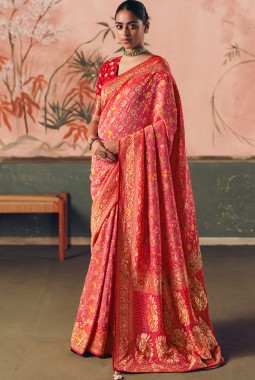 Orange Khaddi Georgette Bandhej Weaving Work Wedding Saree