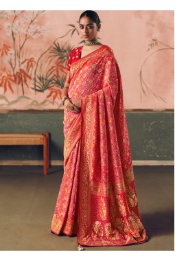 Orange Khaddi Georgette Bandhej Weaving Work Wedding Saree