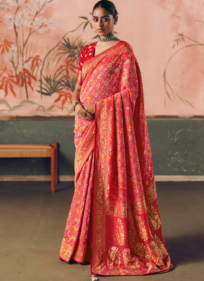 Orange Khaddi Georgette Bandhej Weaving Work Wedding Saree