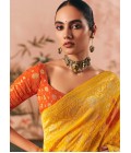 Yellow Khaddi Georgette Bandhej Weaving Work Wedding Saree