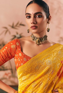 Yellow Khaddi Georgette Bandhej Weaving Work Wedding Saree