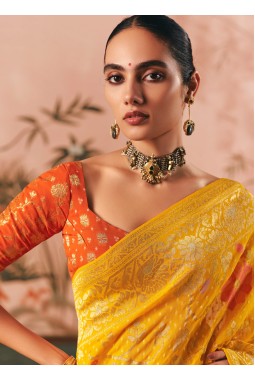 Yellow Khaddi Georgette Bandhej Weaving Work Wedding Saree