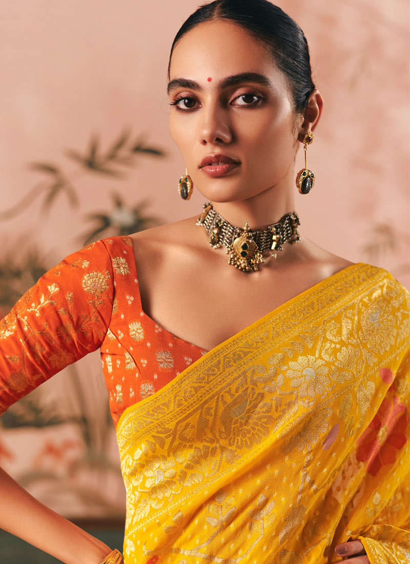 Yellow Khaddi Georgette Bandhej Weaving Work Wedding Saree