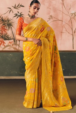 Yellow Khaddi Georgette Bandhej Weaving Work Wedding Saree