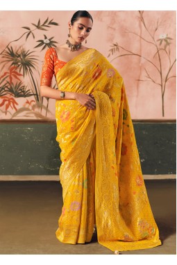 Yellow Khaddi Georgette Bandhej Weaving Work Wedding Saree