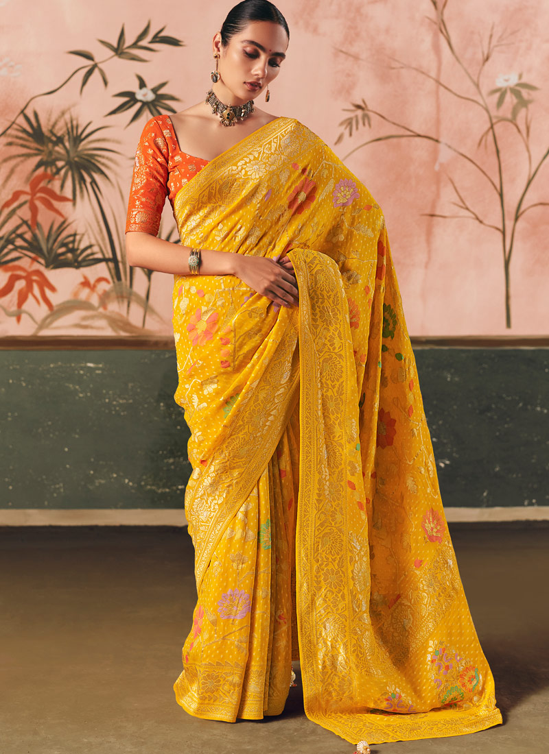 Yellow Khaddi Georgette Bandhej Weaving Work Wedding Saree