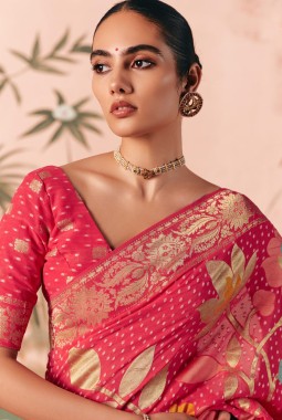 Red Khaddi Georgette Bandhej Weaving Work Wedding Saree
