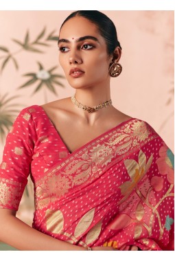 Red Khaddi Georgette Bandhej Weaving Work Wedding Saree