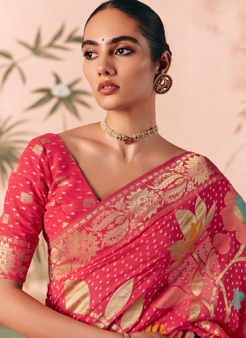 Red Khaddi Georgette Bandhej Weaving Work Wedding Saree