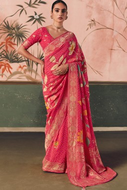 Red Khaddi Georgette Bandhej Weaving Work Wedding Saree