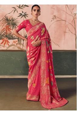 Red Khaddi Georgette Bandhej Weaving Work Wedding Saree