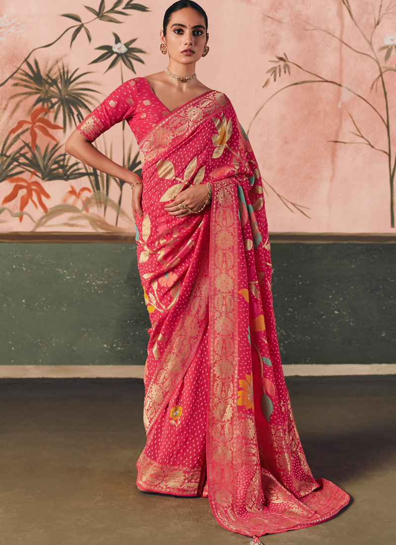 Red Khaddi Georgette Bandhej Weaving Work Wedding Saree