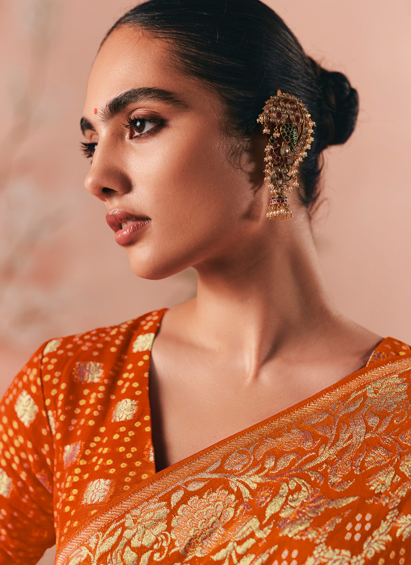 Orange Khaddi Georgette Bandhej Weaving Work Wedding Saree