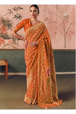 Orange Khaddi Georgette Bandhej Weaving Work Wedding Saree