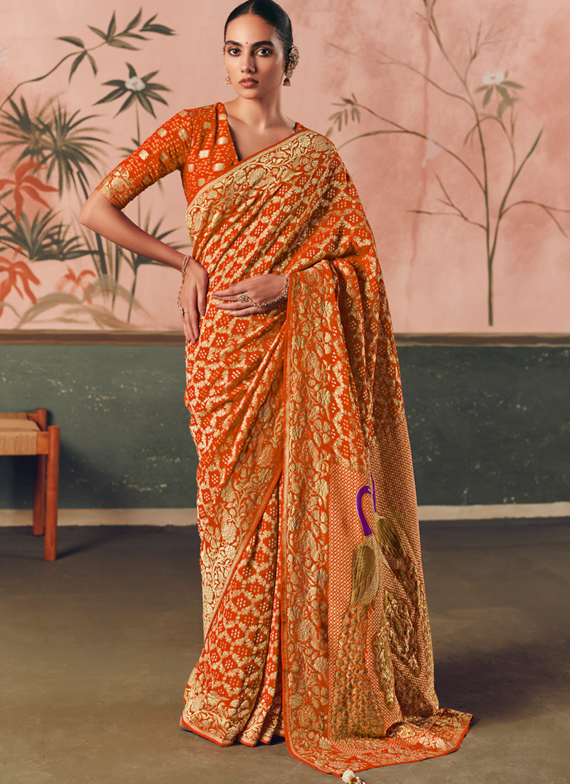 Orange Khaddi Georgette Bandhej Weaving Work Wedding Saree