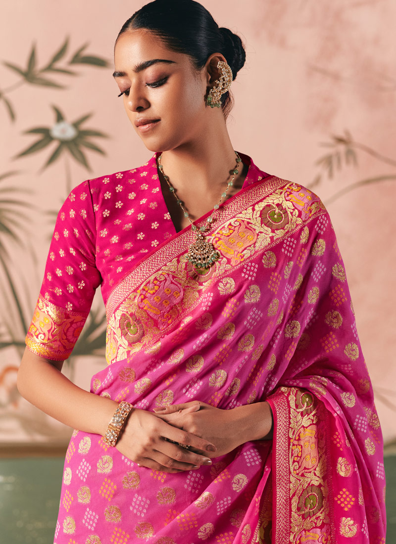 Pink Khaddi Georgette Designer Bandhej Weaving Work Wedding Saree