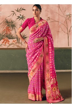 Pink Khaddi Georgette Designer Bandhej Weaving Work Wedding Saree
