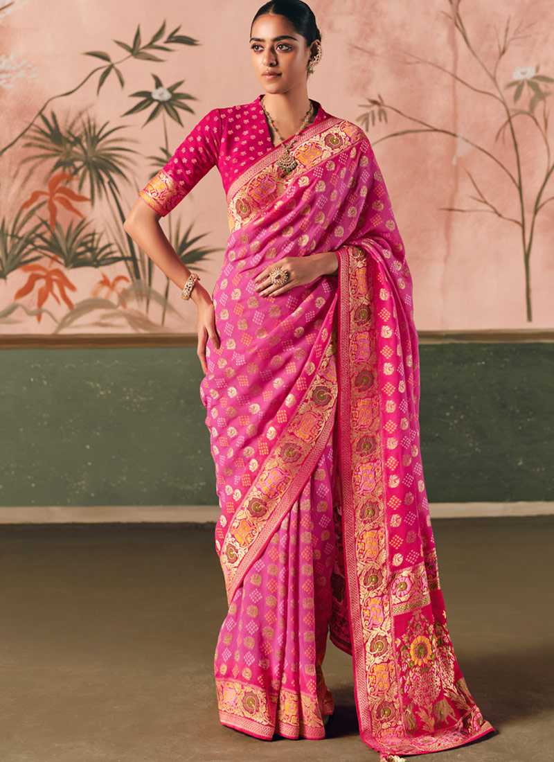 Pink Khaddi Georgette Designer Bandhej Weaving Work Wedding Saree