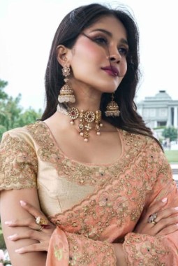 Peach Tissue Silk Real Mirror Wedding Wear Saree