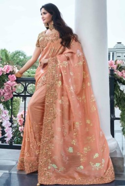 Peach Tissue Silk Real Mirror Wedding Wear Saree