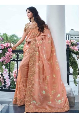 Peach Tissue Silk Real Mirror Wedding Wear Saree
