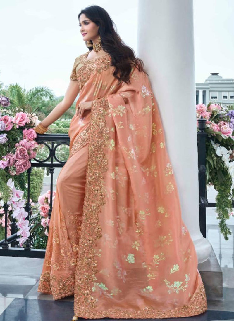 Peach Tissue Silk Real Mirror Wedding Wear Saree