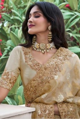 Beige Tissue Silk Stone Embroidered Wedding Wear Saree