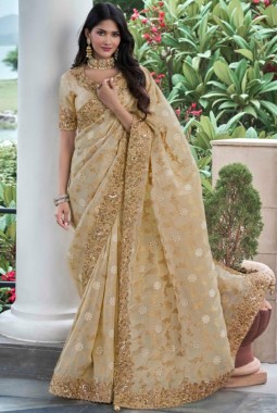 Beige Tissue Silk Stone Embroidered Wedding Wear Saree