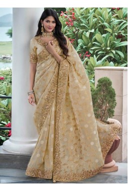 Beige Tissue Silk Stone Embroidered Wedding Wear Saree