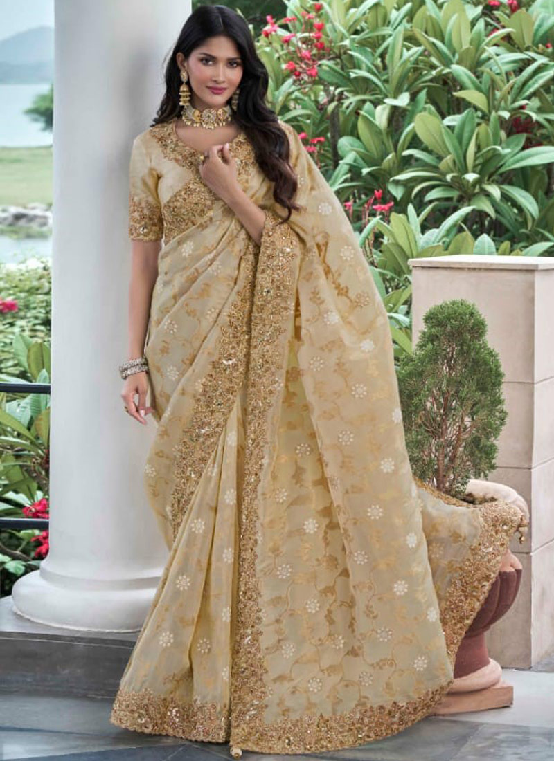 Beige Tissue Silk Stone Embroidered Wedding Wear Saree