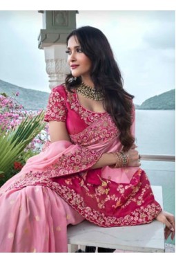 Red And Pink Tissue Silk Pearl Embroidered Wedding Wear Saree