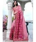 Red And Pink Tissue Silk Pearl Embroidered Wedding Wear Saree