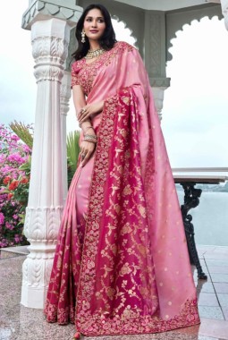 Red And Pink Tissue Silk Pearl Embroidered Wedding Wear Saree