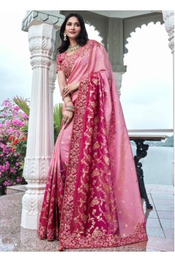 Red And Pink Tissue Silk Pearl Embroidered Wedding Wear Saree