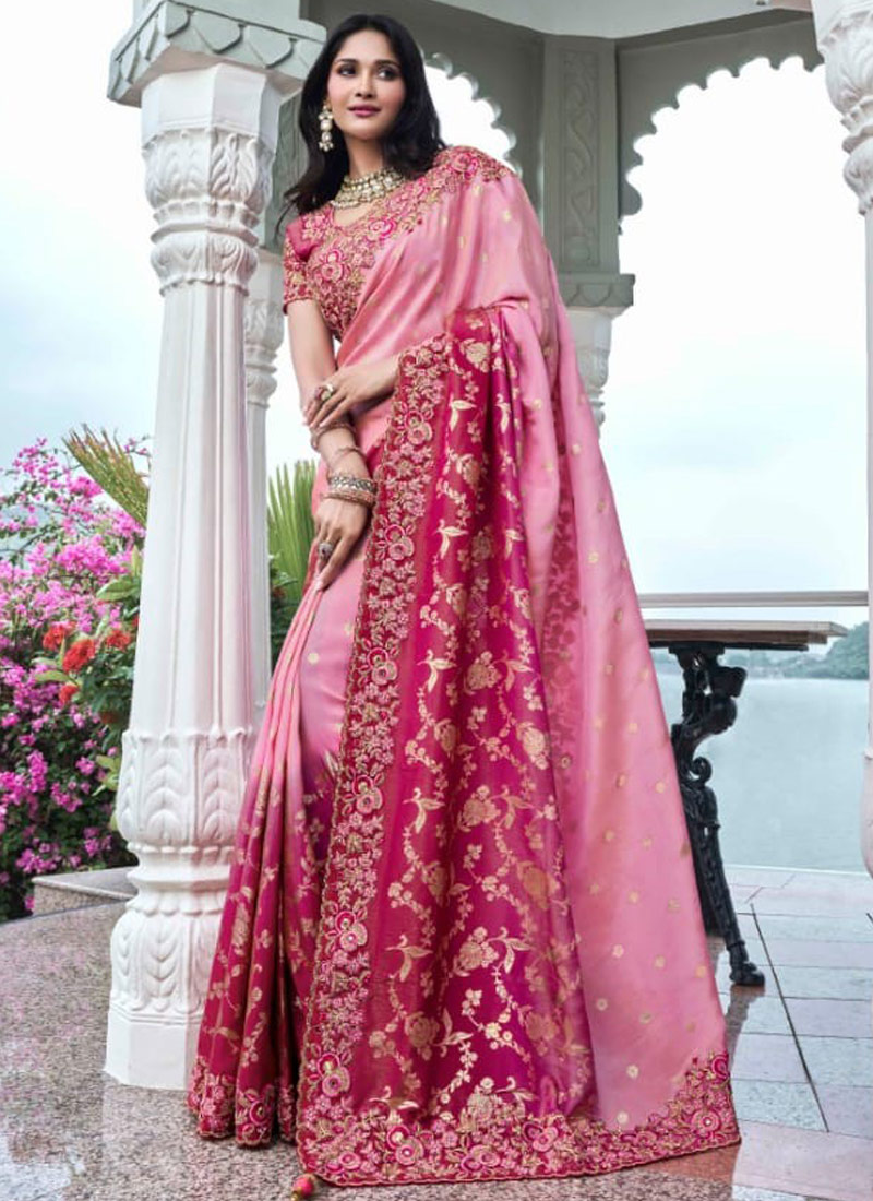 Red And Pink Tissue Silk Pearl Embroidered Wedding Wear Saree