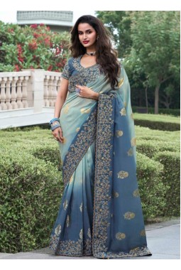 Blue Tissue Silk Zari Embroidered Wedding Wear Saree