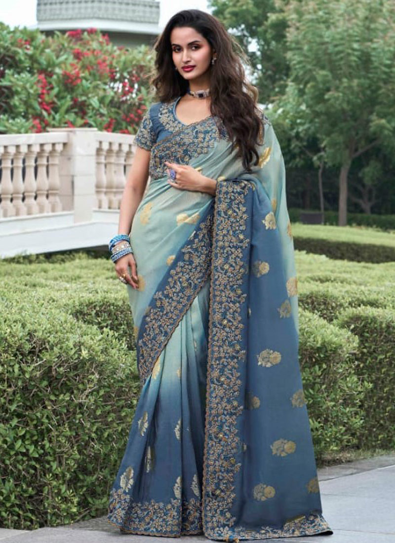 Blue Tissue Silk Zari Embroidered Wedding Wear Saree